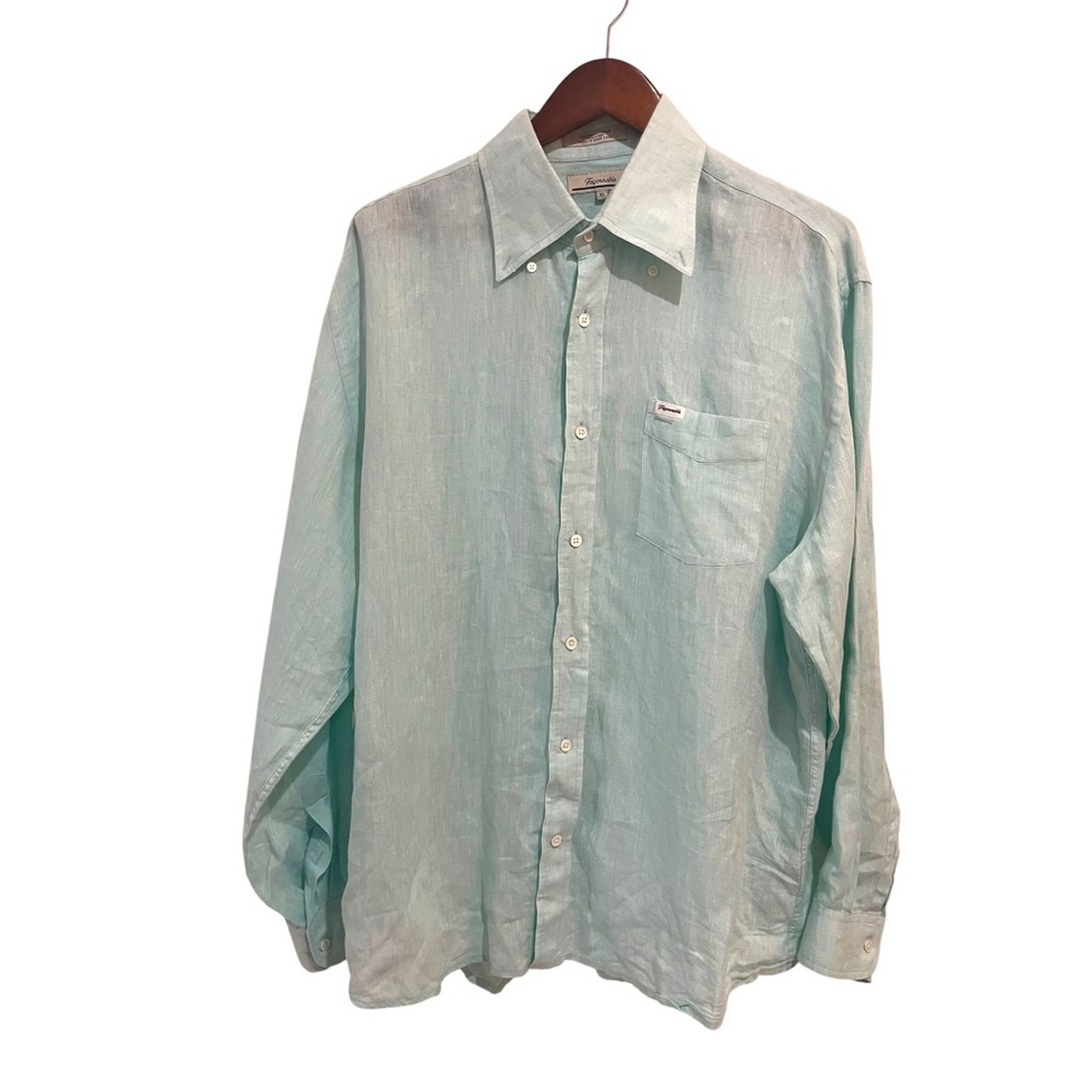 Faconnable Men's 100% Linen Shirt Size XL Blue Button Down Aqua Teal Seaglass